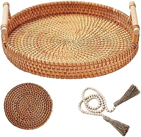 Coffee Table Decorative Tray Rattan Woven Baskets Bamboo Round Fruit Serving Wicker Tray Hand wit... | Amazon (CA)