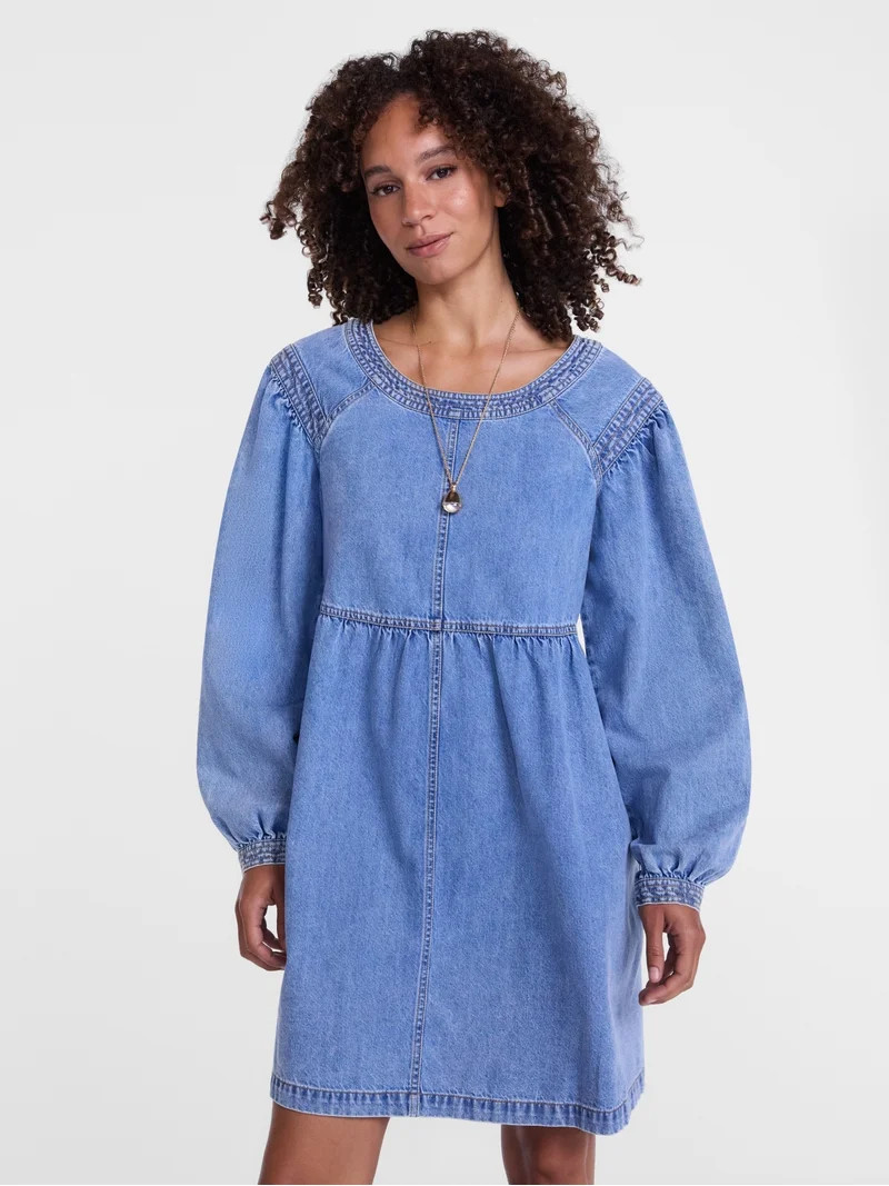Scenario Women's Denim Empire Mini Dress with Long Sleeves, Sizes XS-XXXL | Walmart (US)