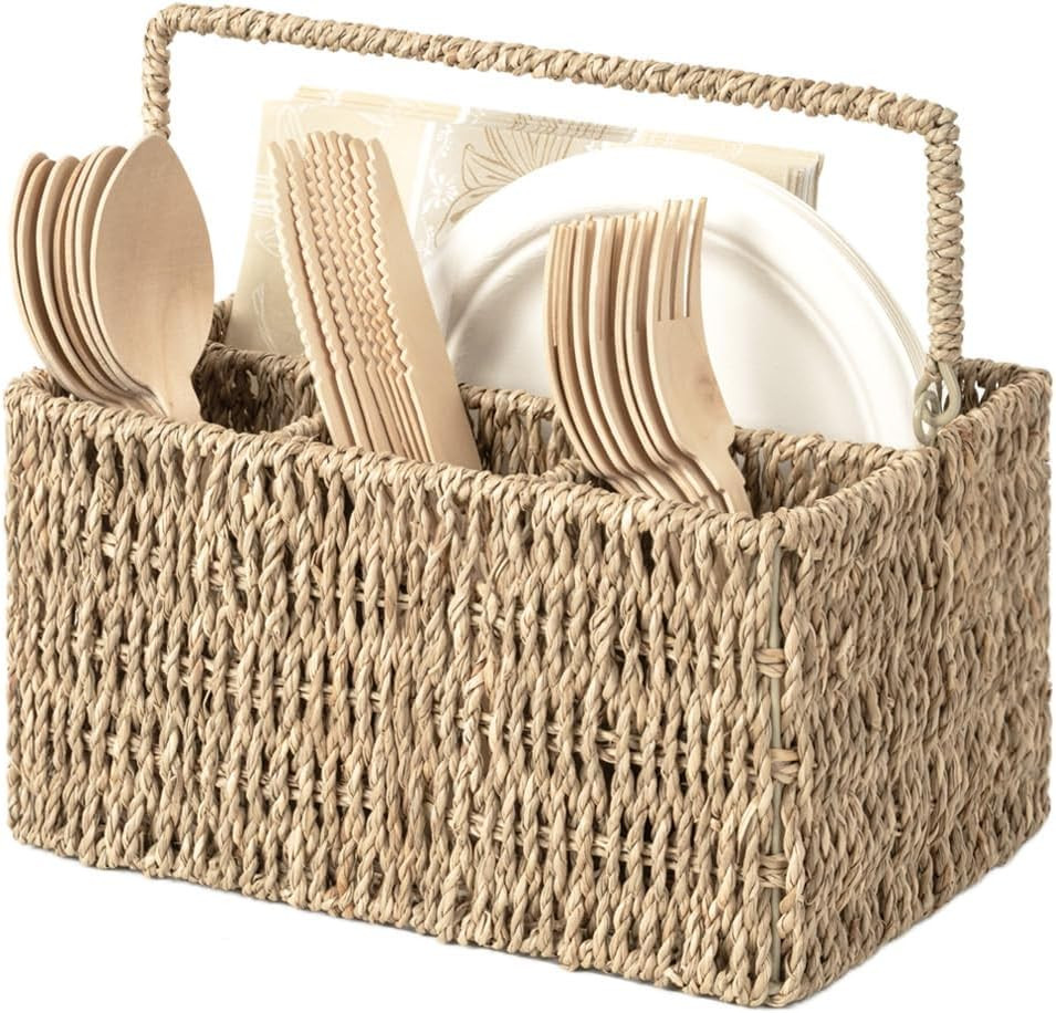 StorageWorks Wicker Flatware Organizer, Hand Woven Seagrass Cutlery Holder for Countertop with Ha... | Amazon (US)