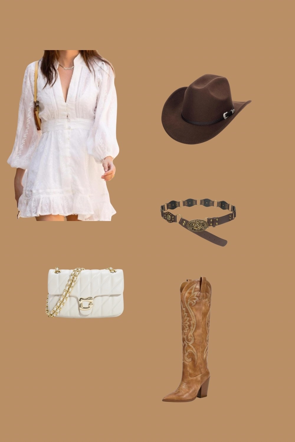 Thanksgiving
A soft and feminine white ruffle dress styled with tan cowboy boots, a brown western belt, and a classic cowboy hat — the perfect western chic outfit for concerts, country festivals, summer dates, and rodeo nights. This look blends boho fashion, country girl style, and modern western aesthetic effortlessly. Save this pin if you love cowboy boots outfit ideas, country concert outfits, or southern summer fashion.


country outfit, cowboy boots outfit, western fashion, white dress outfit, rodeo outfit, country concert style, boho western outfit, southern fashion


#LTKHoliday #LTKmorningroutine #LTKgrwm