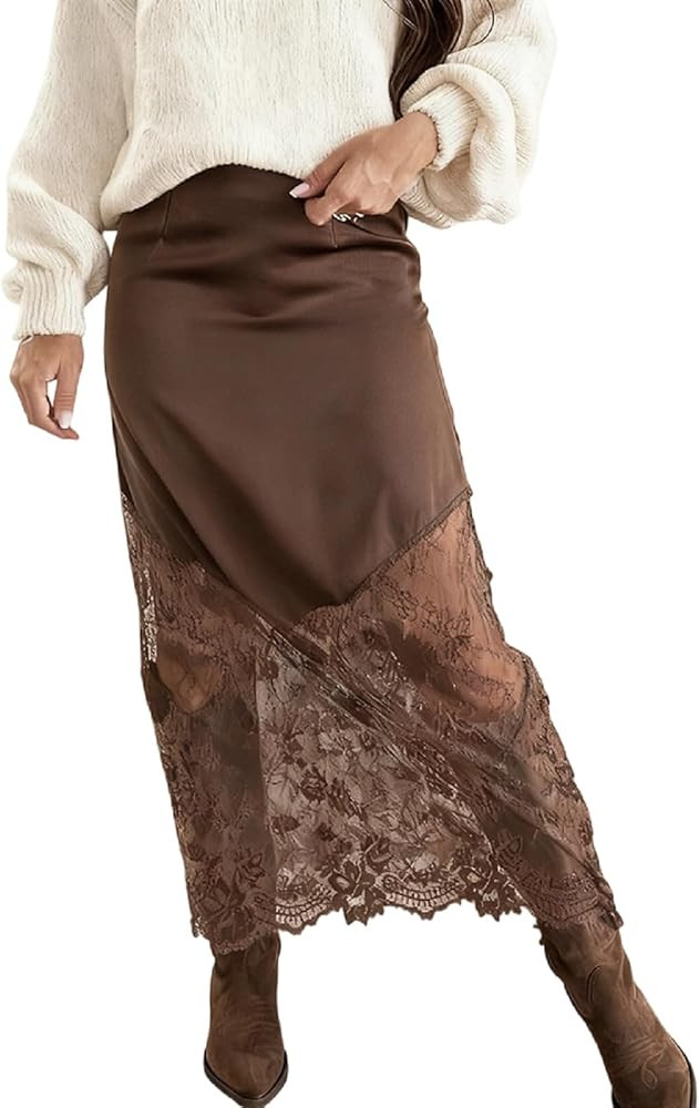 Women Satin Lace Long Skirt Lace Patchwork Maxi Skirt Half Slip Silk High Waist A Line Underskirt | Amazon (US)