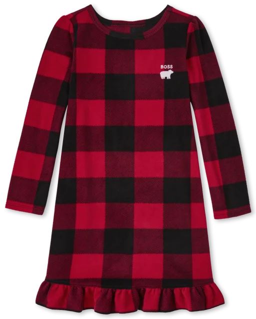 Girls Matching Family Christmas Long Sleeve Bear Buffalo Plaid Fleece Nightgown | The Children's ... | The Children's Place