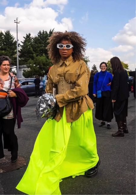 Taking in Paris fashion week mixing an embellished men’s jacket with neon. 

Jacket @31philliplim via @farfetch
Dress worn as a skirt
Bag: @isseymiyakeofficial 
Boots: @drmartensofficial 
Shades: @loewe

#LTKitbag #LTKstyletip