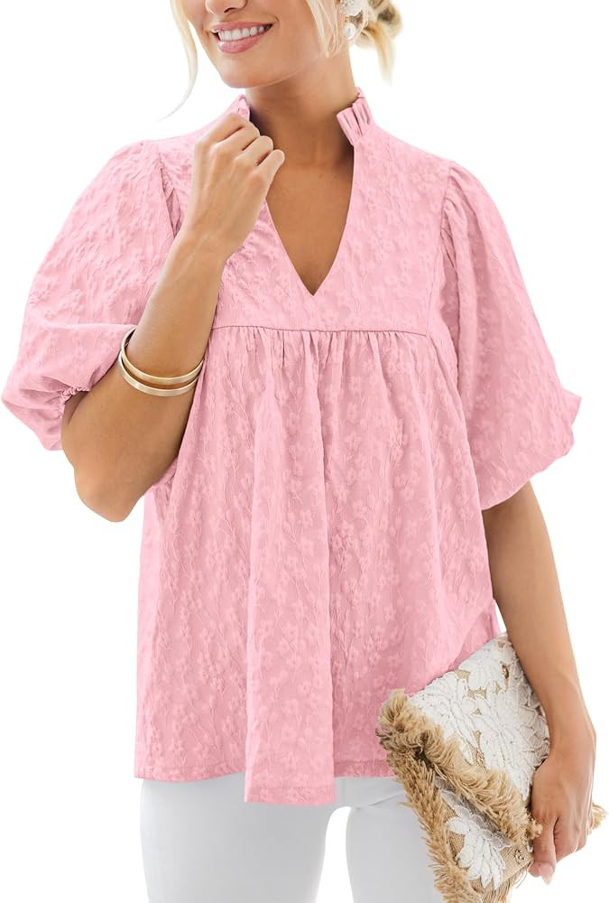MASCOMODA Womens Summer Tops 2026 Ruffle V Neck Blouses Loose Puff Short Sleeve Jacquard Babydoll... | Amazon (US)