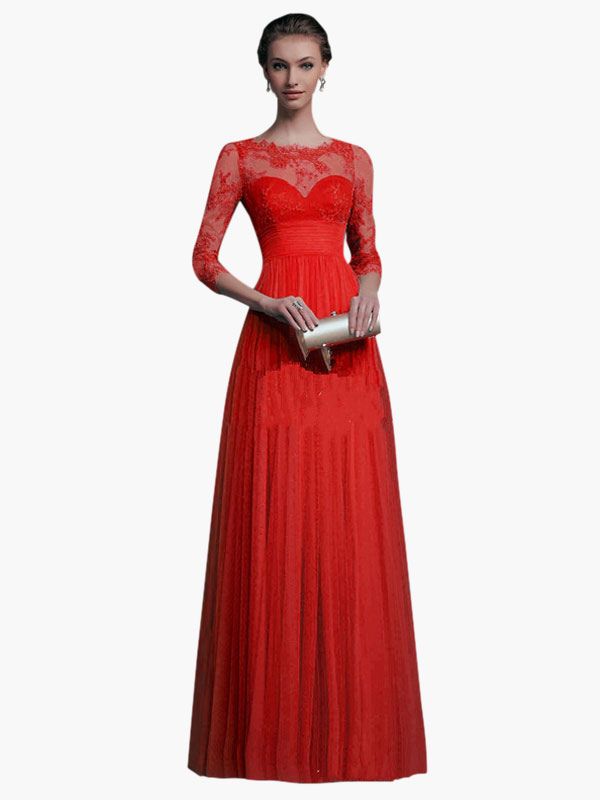 Red Maxi Dress Long Sleeve Lace Illusion Sweetheart Long Prom Dresses For Women | Milanoo