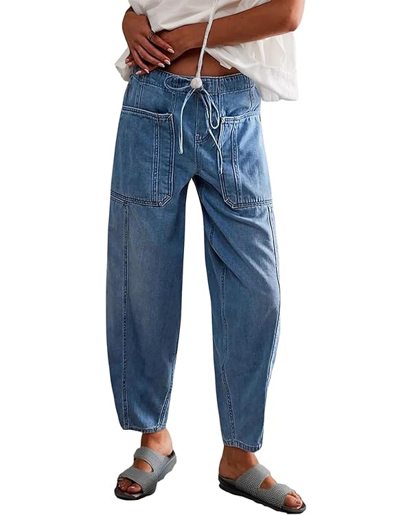 Women's Wide Leg Baggy Jeans Elastic Low Rise Barrel Jean Loose Boyfriend Denim Pants with Drawst... | Amazon (US)