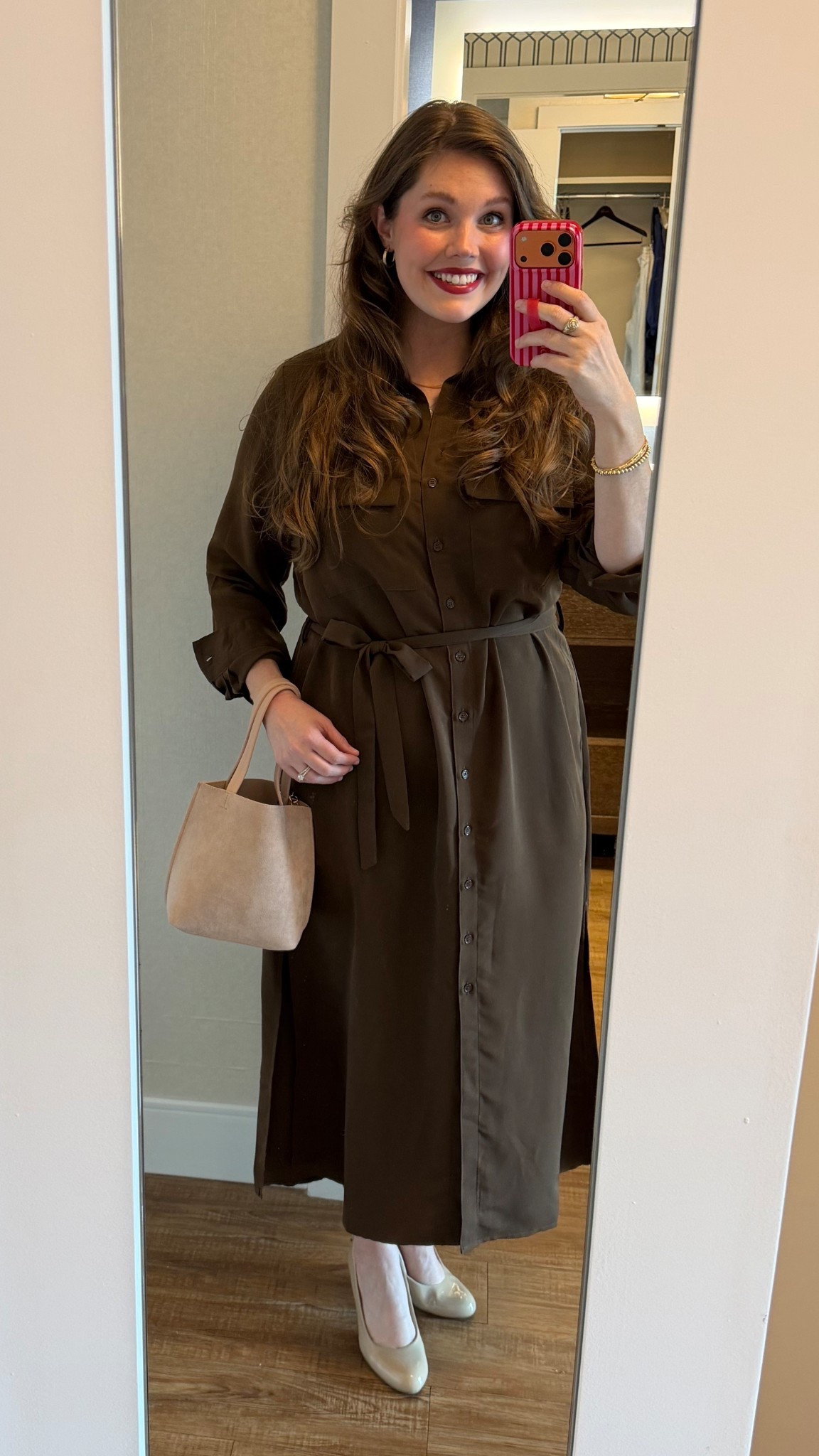 Love the fit of this Nordstrom rack shirt dress! Can be dressed up or down, and runs true to size. 
.............
Chocolate dress brown dress spring dress midi dress maxi dress workwear work dress wedding guest dress travel dress travel look plus size dress midsize dress button down dress with sleeves work dress modest dress church dress clutch purse nude heels nude pumps patent leather heels Aritzia dupe Aritzia dress size 14 dress patent leather pumps hoot tools curling iron Amazon beauty Amazon finds gold jewelry gold bracelets gold hoops belted dress 

#LTKPlusSize #LTKOver40 #LTKWorkwear