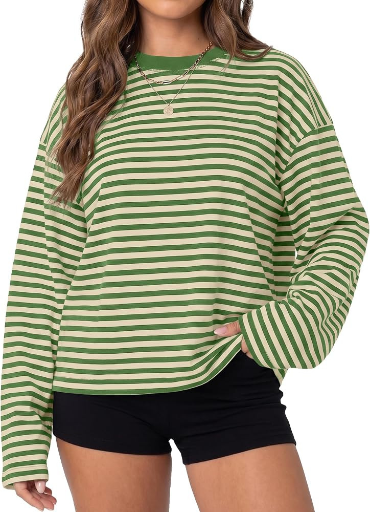 Cioatin Women Oversized Long Sleeve Striped Tee Shirt Tops Y2K Aesthetic Preppy Crewneck Sweatshi... | Amazon (US)