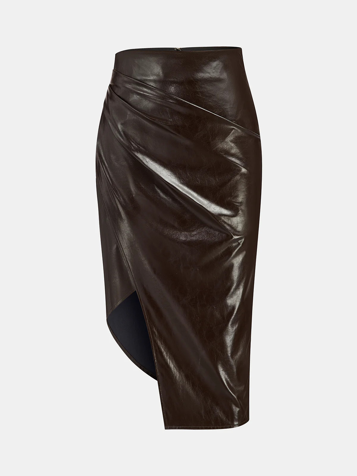 Asymmetric Ruched Slit Faux Leather Midi Skirt | Commense