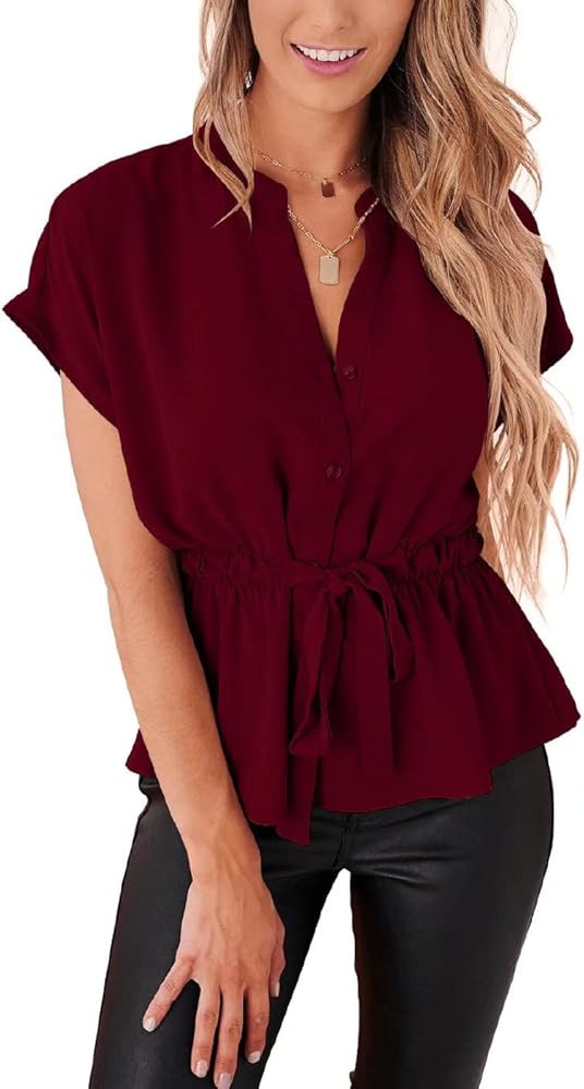Womens Button Down Blouses Casual Peplum Summer Tops Dressy Chiffon Work Blouse | Amazon (US)