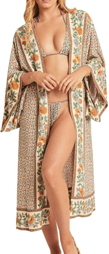 R.Vivimos Women's Vintage Floral Print Beach Boho Cardigan Kimono Maxi Swimwear Cover up Dress Wr... | Amazon (US)