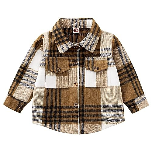 Toddler Baby Boy Girl Shirt Flanne Jacket Plaid Long Sleeve Button Down Shirt Kids Fall Winter Shacket Kids Coat Brown | Amazon (US)