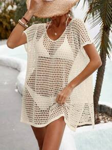 Swim Vcay Summer Beach Hollow Out Dolman Sleeve Split Hem Cover Up Dress Without Bikini Set | SHEIN