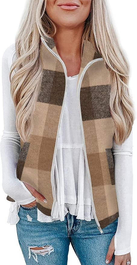 Rapbin Women's Plaid Outerwear Vests Tops Zip Up Collared Sleeveless Jacket with Pockects | Amazon (US)