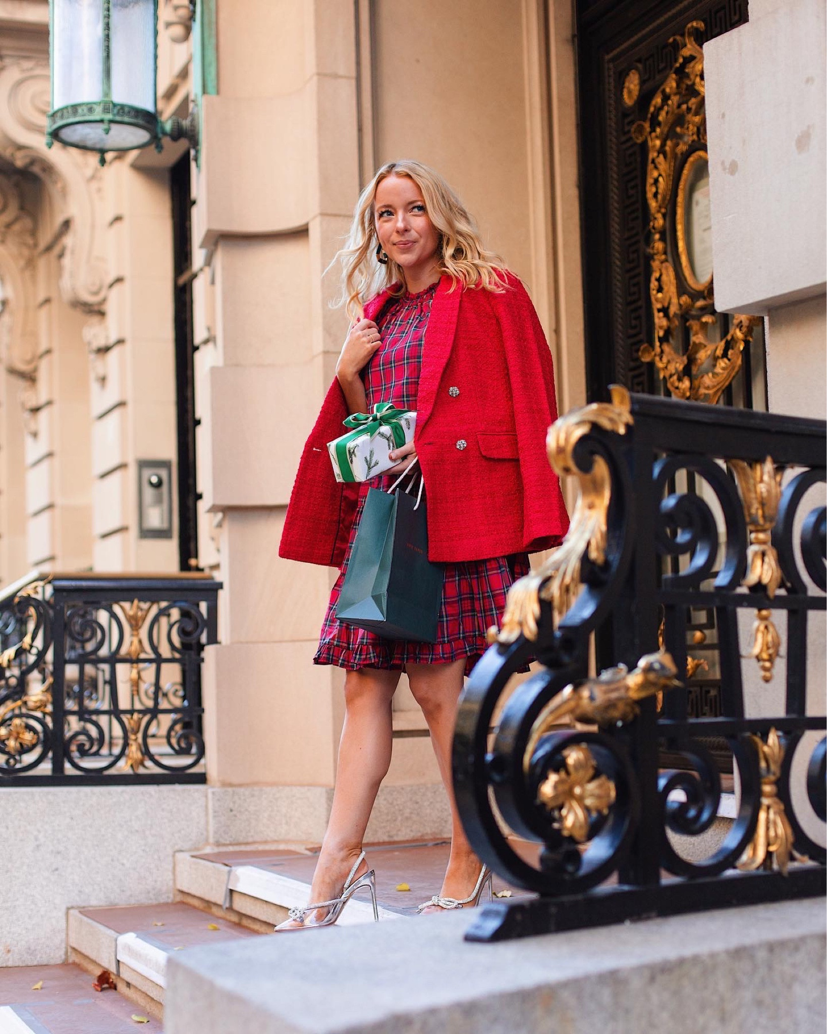 Red tartan dress (I sized down one size) and red blazer holiday party outfit❣️ #holidayparty #reddress #plaiddress #blazer 

#LTKHoliday #LTKSeasonal #LTKCyberweek