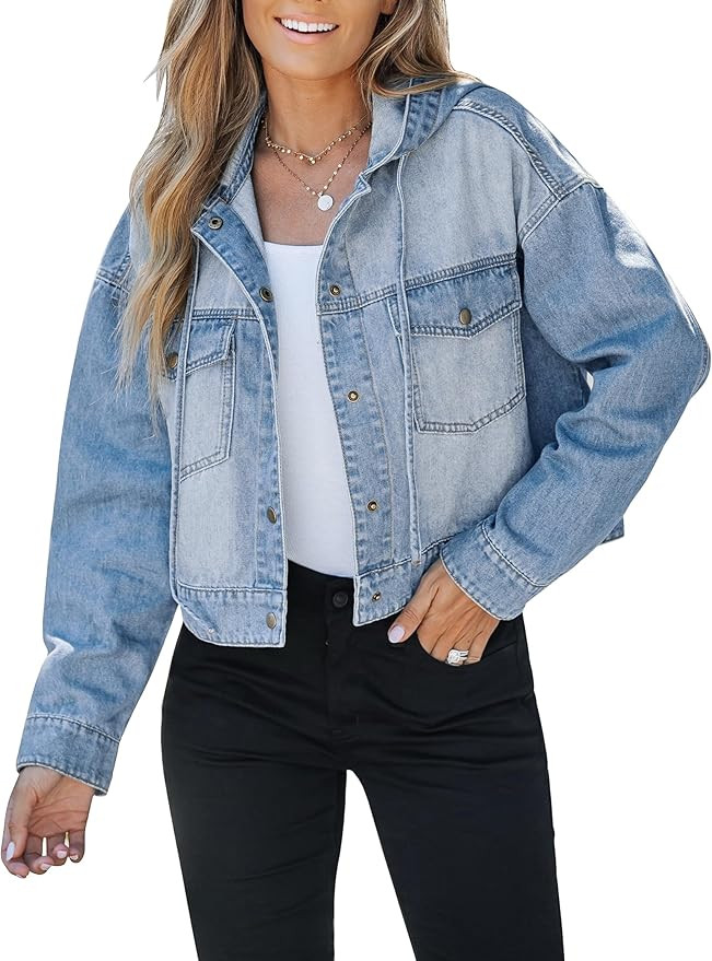luvamia Denim Jacket for Women Hooded Lightweight Cropped Jean Jacket Oversized Button Down Shack... | Amazon (US)