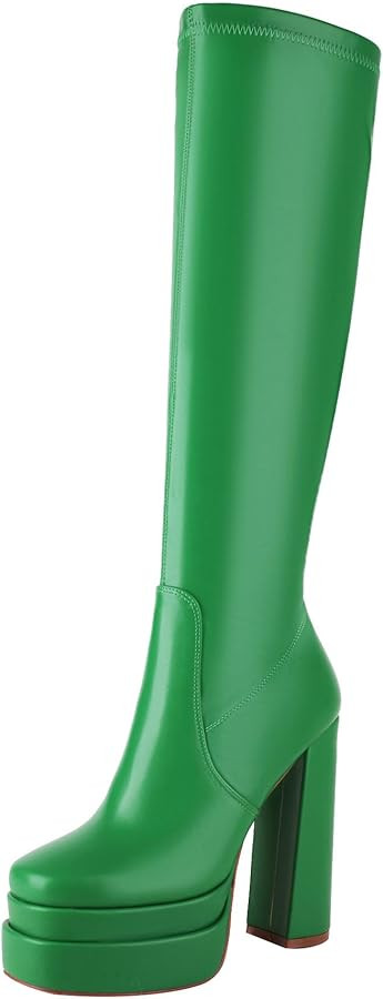 vivianly Women's Platform Knee High Boots Square Toe Chunky Heel Long Stretch Gogo Boots with Sid... | Amazon (US)