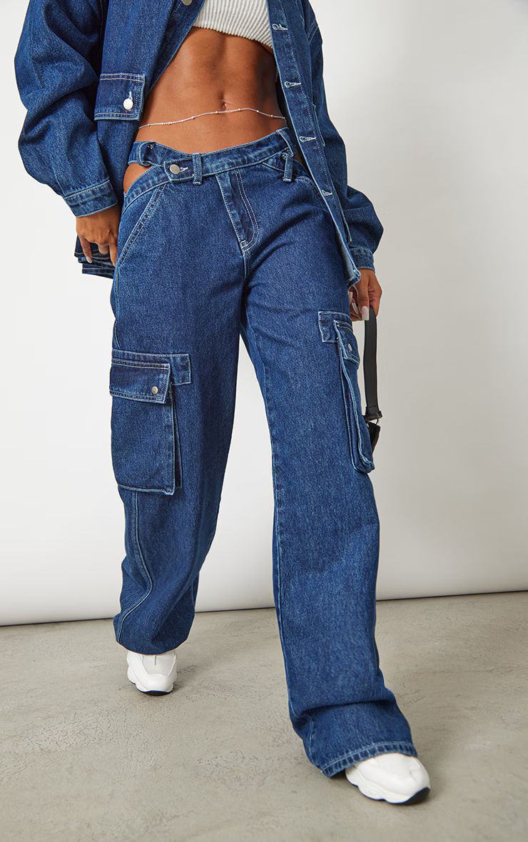 Dark Blue Wash Cut Out Asymmetric Waistband Cargo Jeans | PrettyLittleThing US