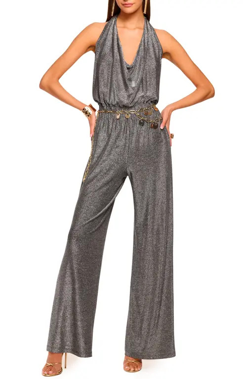 Ramy Brook Ginger Metallic Drape Neck Jumpsuit in Silver Knit at Nordstrom, Size Small | Nordstrom
