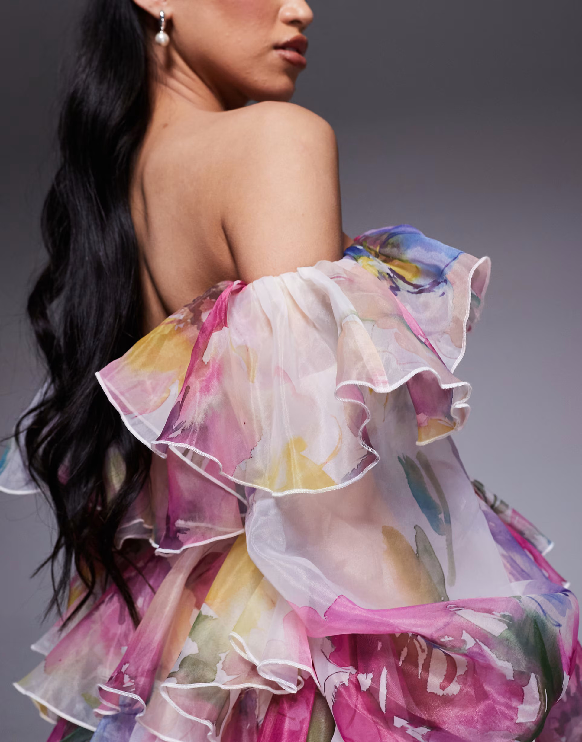 ASOS LUXE organza off shoulder tiered mini dress in blurred floral print | ASOS | ASOS (Global)