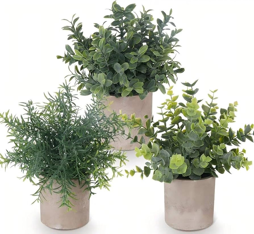 ilauke Fake Plants Pot 3PCS, Artificial Plastic Eucalyptus Plants Faux Rosemary Mini Potted for I... | Amazon (UK)