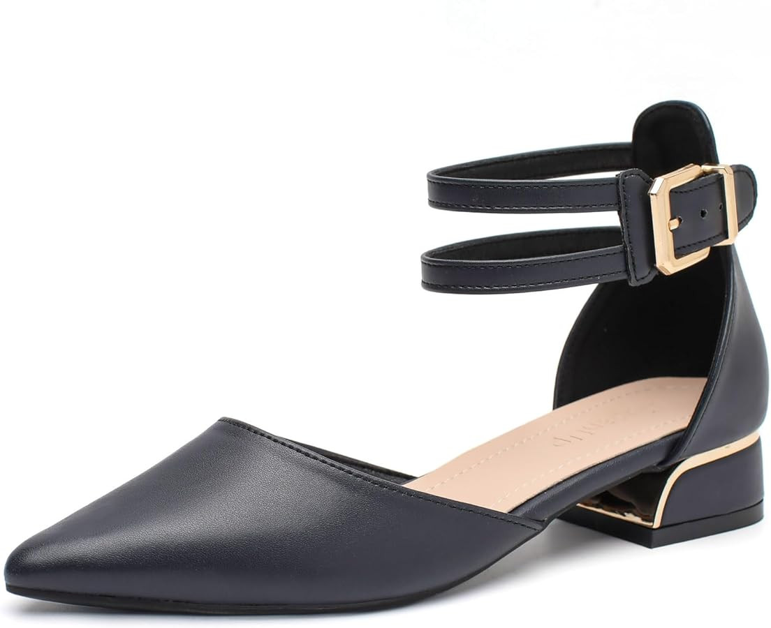 Women's Dress Shoes Low Heel Pumps Closed Pointed Toe Comfort Casual Flats Ankle Strap | Amazon (US)