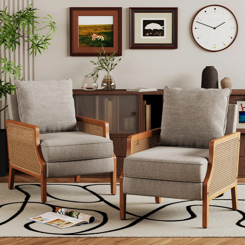 Upholstered Burlap Accent Chair With Wooden Legs And Rattan Arms | Wayfair North America