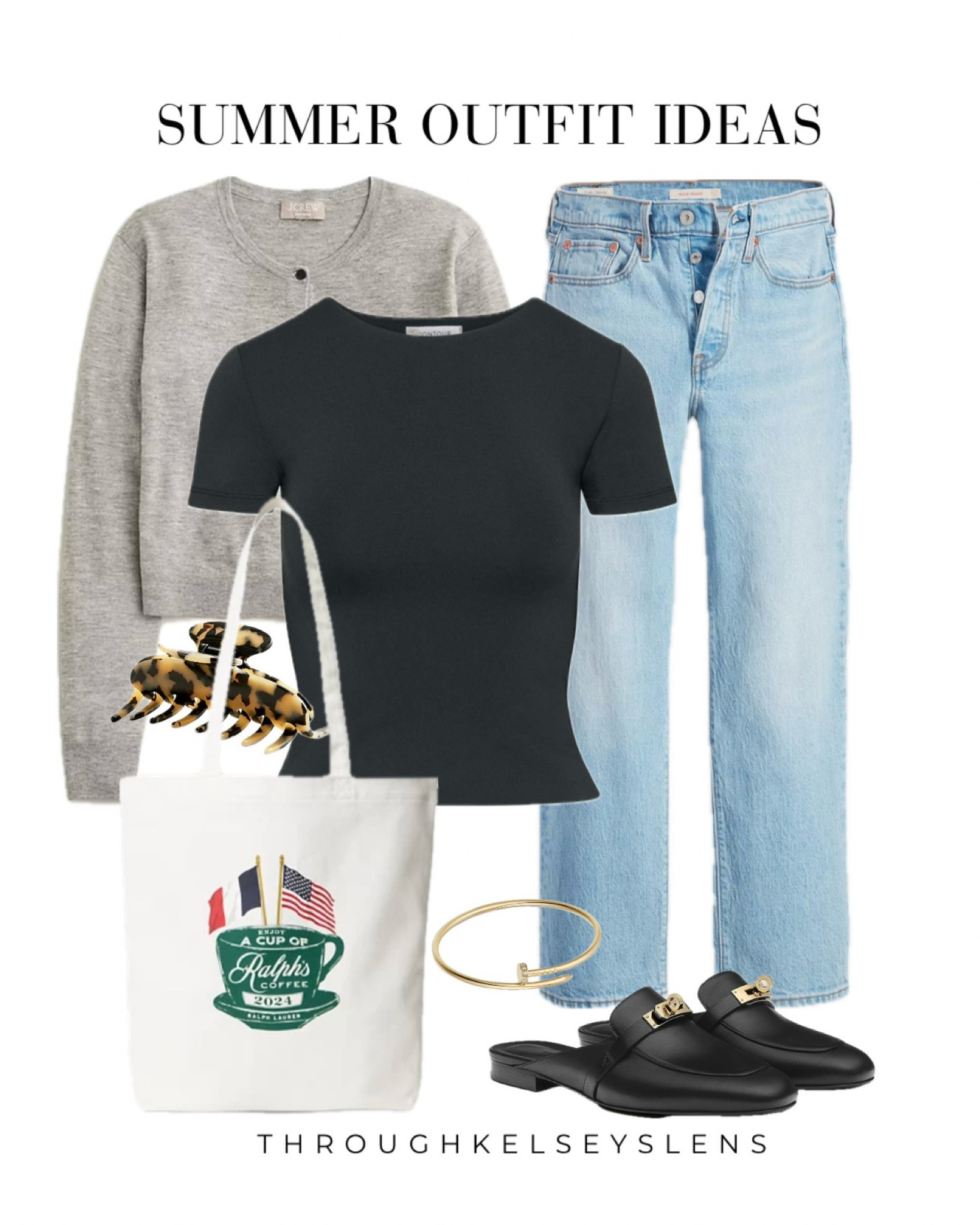 Summer casual outfit idea
- Ralph Lauren Ralph’s coffee 2024 Olympics flag tote bag
- black t-shirt
- gray cardigan
- Levi’s light wash wedgie jeans
- Hermes Oz Mules (dupes linked)
- Cartier juste un clou bracelet
#ralphlauren #ralphscoffee #levis #hermes #mules

#LTKitbag #LTKfindsunder100 #LTKtravel