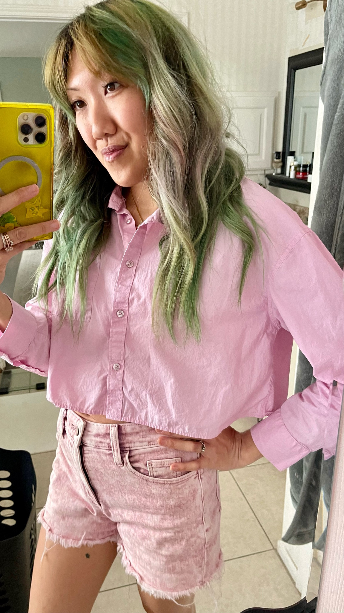 All pink springtime outfit that works all through summer too. This button up shirt is menswear inspired but cropped so that it just meets high waisted jeans. I love fun dyed denim, especially these pink tie dyed jean shorts. 

#LTKSeasonal #LTKstyletip #LTKfindsunder100
