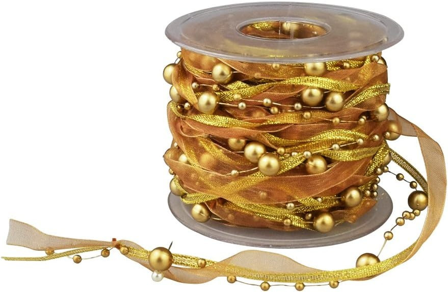 Fowod 3 Strings Beaded Ribbon, Pearl String, Satin Ribbon and Organza Ribbon, 33 Feet, Gold | Amazon (US)