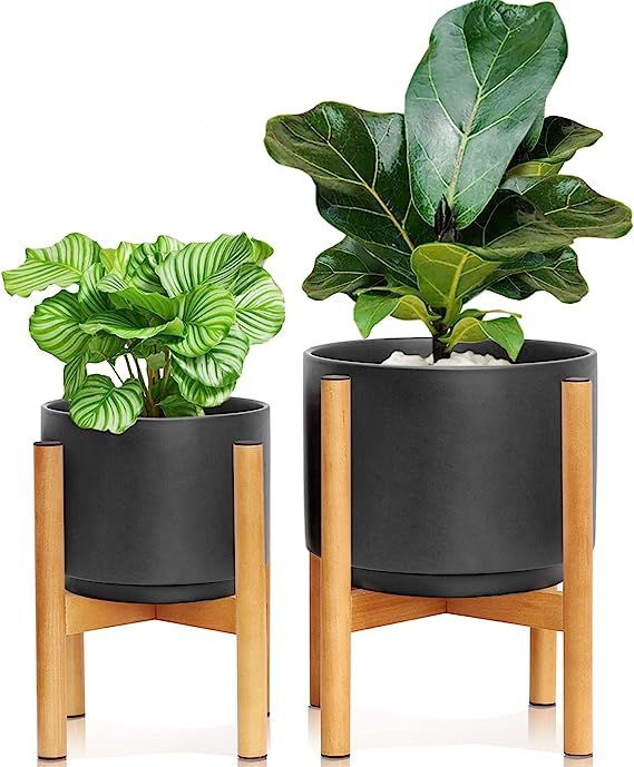 Set of 2 Mid Century Plant Stand with Planter, 8 Inch & 10 Inch Ceramic Pots with Drainage for In... | Amazon (US)