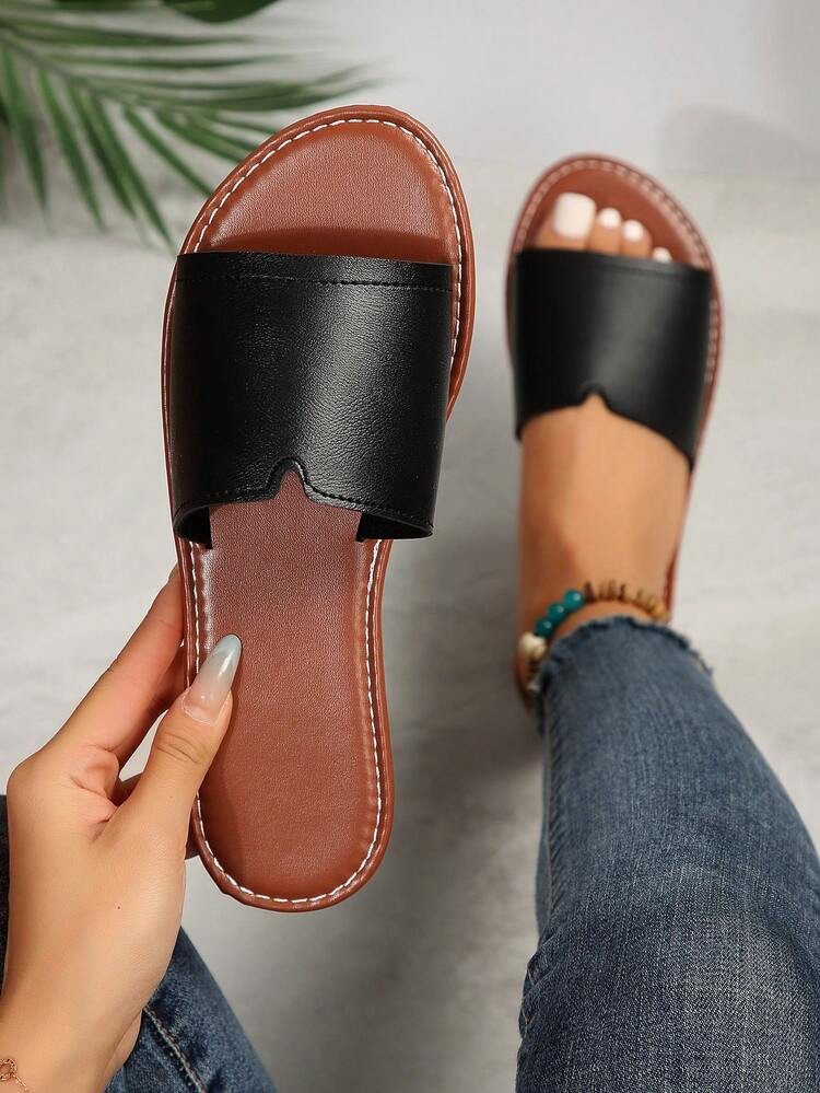 Women's Casual Flat Slippers, Round Toe Open Toe Non-Slip Sandals, Outdoor Beach | SHEIN