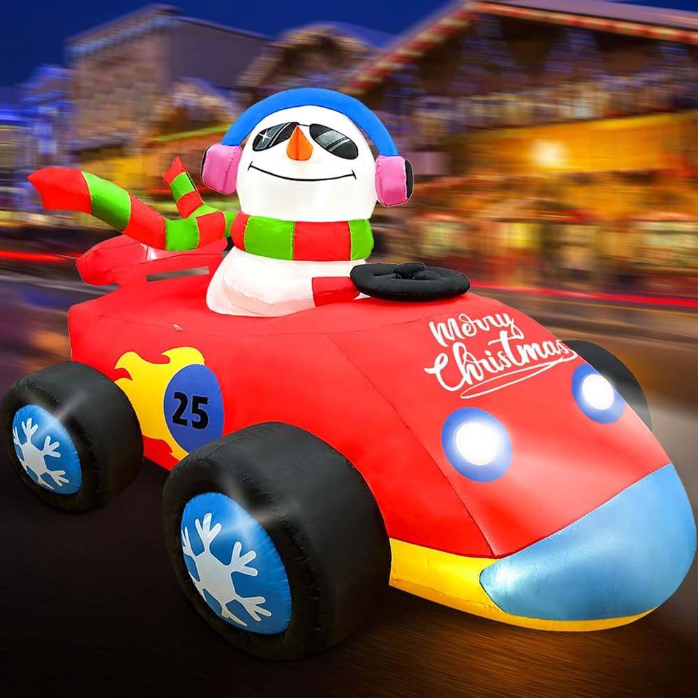 OurWarm 8FT Christmas Car Inflatable Snowman, Cute Blow Up Snowman Driving Racecar with Built-in ... | Amazon (US)