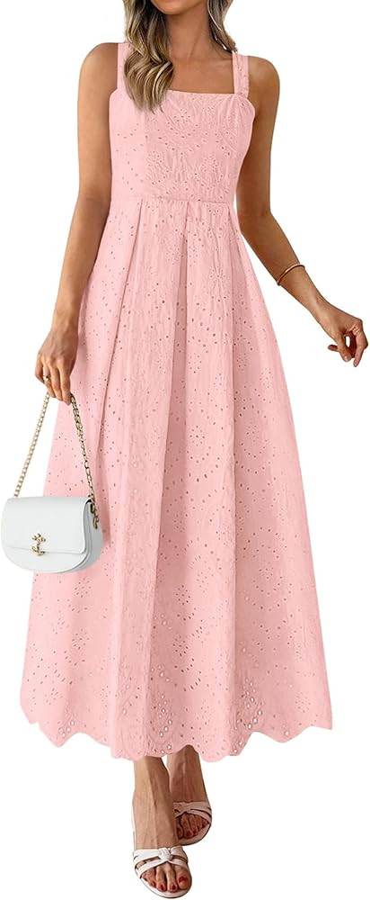 PRETTYGARDEN Womens Sleeveless Maxi Summer Dresses 2026 Hollow Out Eyelet Square Neck Ruffle Flow... | Amazon (US)