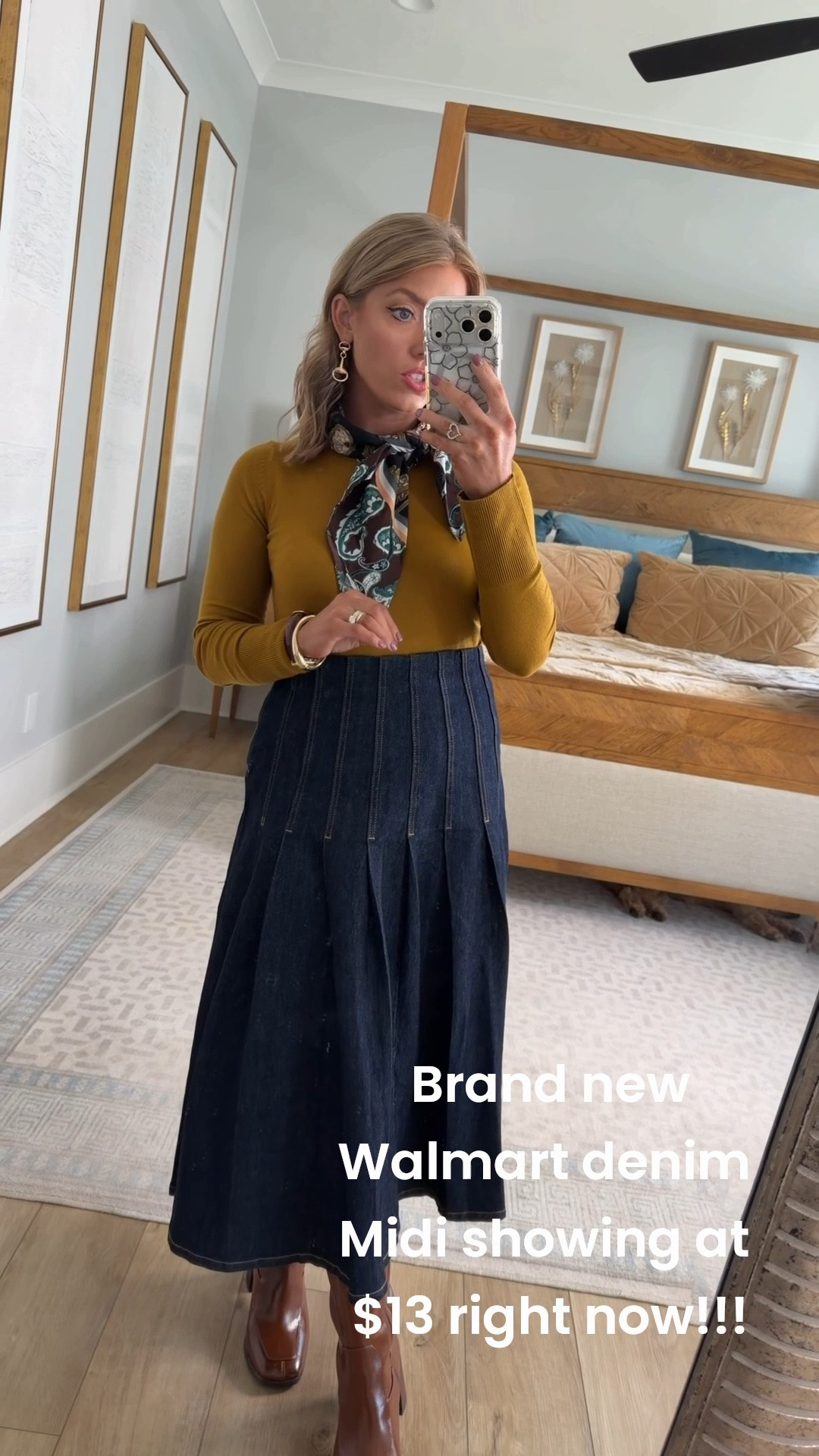 Brand new Walmart fashion finds and this outfit is SO good! 🤎🍂 This new denim midi skirt is showing up for only $13 in this dark wash right now! I seriously think the price may be a mistake, so I would grab it while it’s still showing on sale! 🙌🏼 I’m wearing my true size 2.

Paired it with this gorgeous new Walmart sweater, printed neck scarf, brown boots and the cutest structured handbag. The colors, the dark denim, the accessories… everything about this outfit looks so elevated! These Walmart new arrivals are giving expensive fall style without the expensive price tag. ✨

#WalmartFashion #WalmartFinds #WalmartNewArrivals #WalmartStyle #WalmartOOTD #WalmartFashionFinds #AffordableFashion #FallFashion #FallOutfitIdeas #DenimMidiSkirt #MidiSkirtOutfit #AffordableStyle #WalmartFallFashion #FallStyle #BudgetFashion

#LTKootd #LTKPetite #LTKSaleAlert