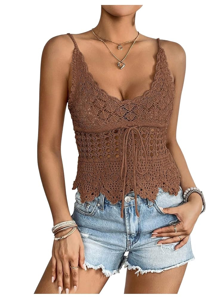 OYOANGLE Women's Scoop Neck Hollow Out Cami Tops Sleeveless Asymmetrical Tie Front Crochet Top | Amazon (US)