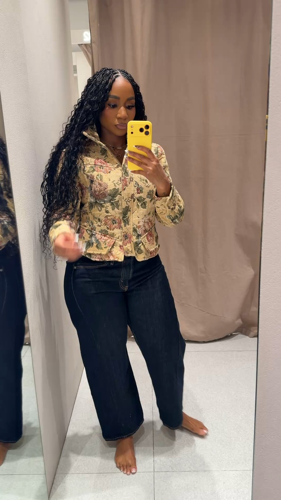 Statement outerwear jacket find! Pairs well with denim, dresses and skirts!