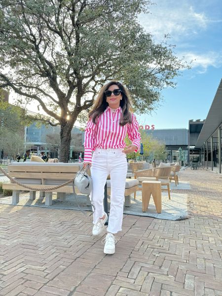Stretch white jeans. Raw hem with a pink and white over sized shirt. The shirt runs big it’s super comfy. Jeans run TTS wearing a 2, I’m 5’1 at 109 

#LTKworkwear #LTKover40 #LTKtravel
