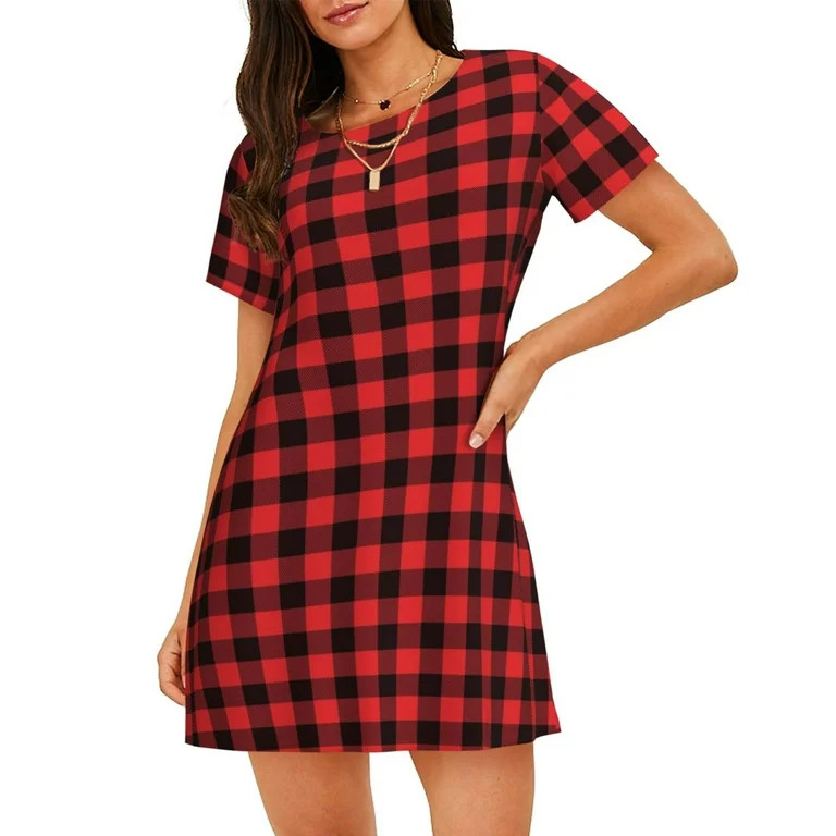 Gukieu Buffalo Plaid Red Black Print Women's Nightgown, A-line Round Neck Short-sleeved Nightgown... | Walmart (US)