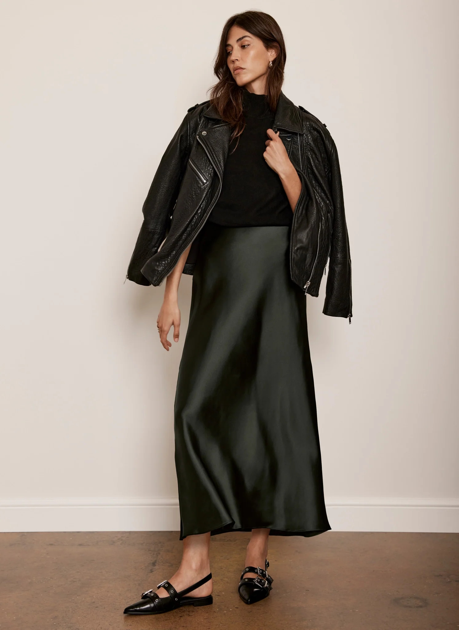 Khaki Satin Maxi Slip Skirt | Mint Velvet