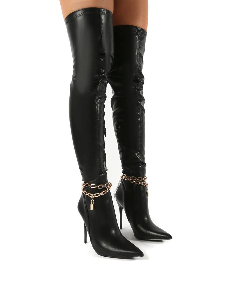 Cherri Black Thigh High Padlock Chain Detail Stiletto Heeled Boots | Public Desire (US & CA)
