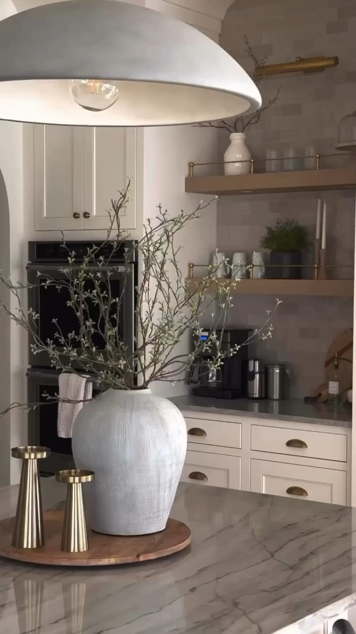 Kitchen details revealed!🔗🤍 these brass railings, pendant lights, and more are all linked here. #kitchenenvy #aesthetickitchen 

#LTKHome #LTKSaleAlert #LTKFamily