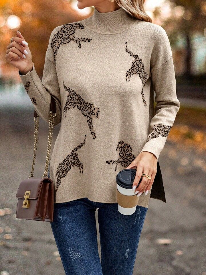 SHEIN LUNE Leopard Pattern Mock Neck Drop Shoulder Split Hem Sweater | SHEIN