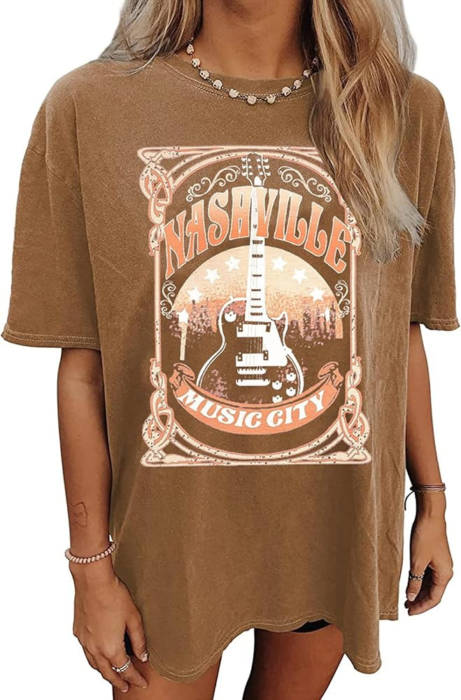 Nashville Music City T-Shirt Women Country Music Oversized Shirts Rock Band Tshirt Vintage Guitar... | Amazon (US)