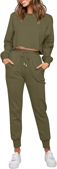 ZESICA Women's Long Sleeve Crop Top and Pants Pajama Sets 2 Piece Jogger Long Sleepwear Loungewear P | Amazon (US)