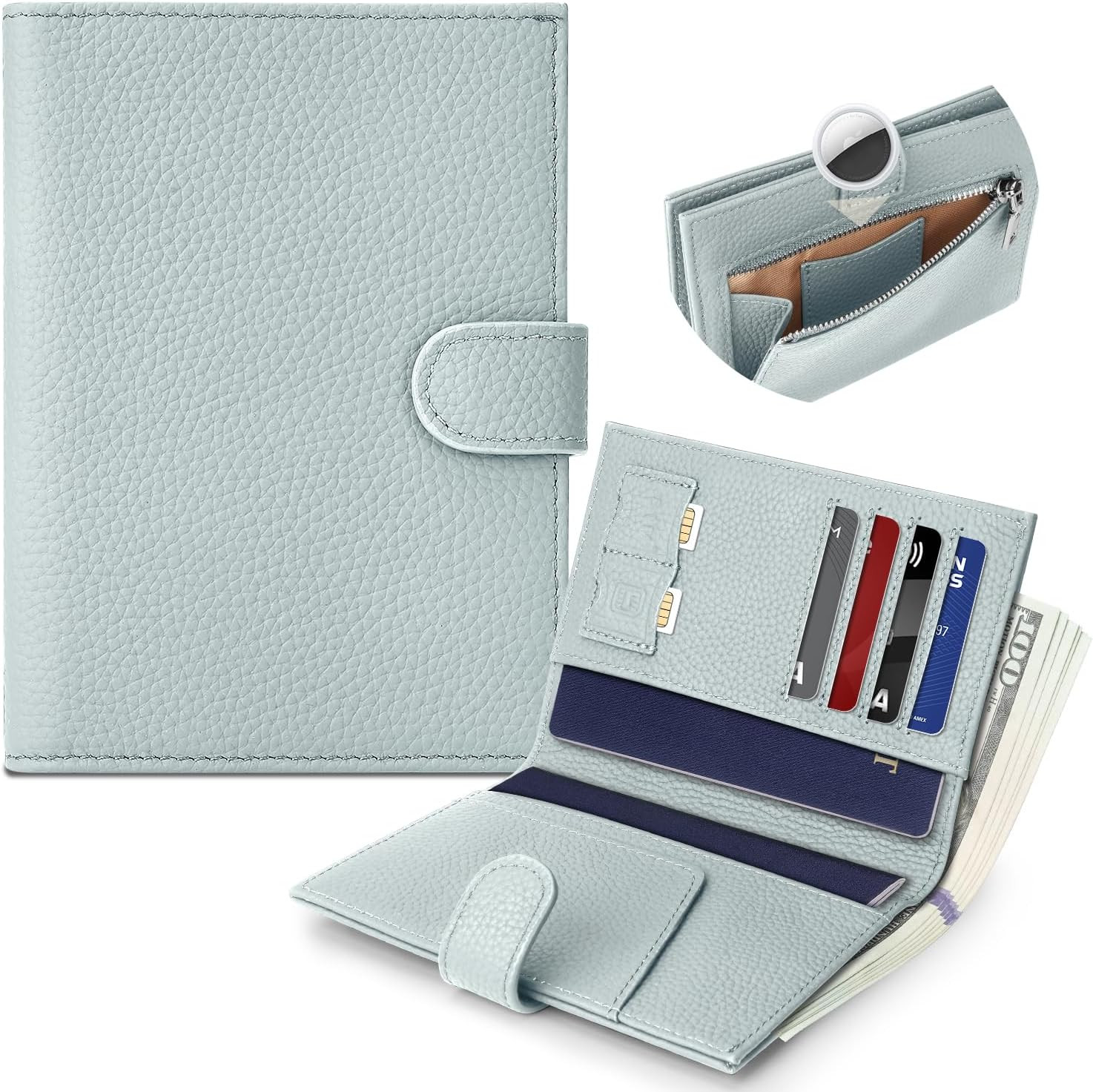 Genuine Leather Passport Holder for Women Men, Hidden Airtag Pocket, RFID Blocking, Zippered Coins Pocket & Cash Compartment Travel Gifts Essentials Passport Cover Case - Blue | Amazon (US)