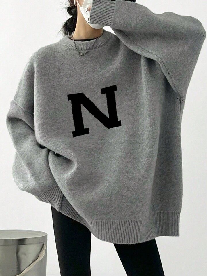 Letter Pattern Drop Shoulder Oversized Sweater | SHEIN