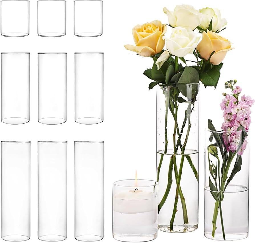 CUCUMI 12 Pack Glass Cylinder Vase 4, 8,12 Inch Tall Clear Vases for Wedding Centerpieces Flower ... | Amazon (US)