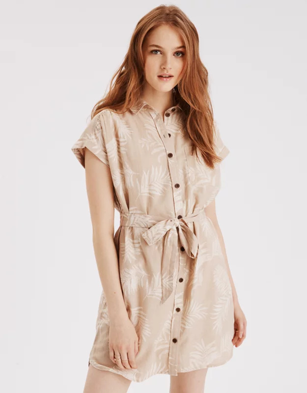AE Tropical Tie Waist Shirt Dress | American Eagle Outfitters (US & CA)