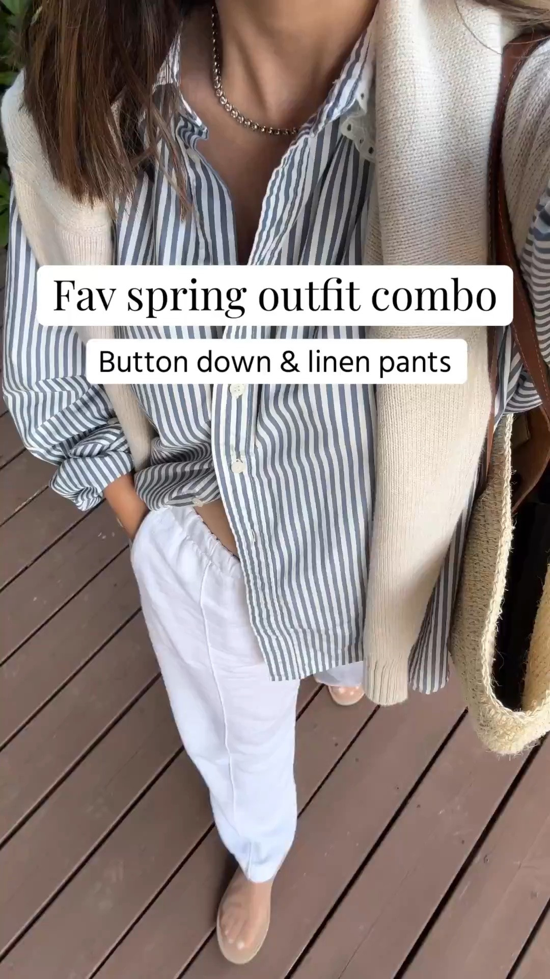 A fav spring outfit combo: oversized button down & linen pants. So comfy & chic.

Gap x Doen shirt xs (old, linked similar)
Gap Factory linen blend pants petite xs
Amazon Mesh flats 5
Hunting Season tote
Quince cotton sweater small. Speckled beige 
Celine sunglasses
Blue Nile earrings
Dorsey James necklace 15"

Petite style, summer outfits, summer style, white linen pants, spring outfits 2026

#LTKmomlife #LTKootd